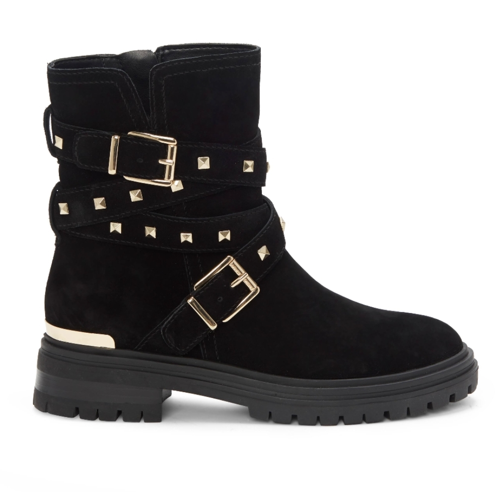 Vince Camuto Beretta Suede moto boots black & gold studs Womens size 5 leather